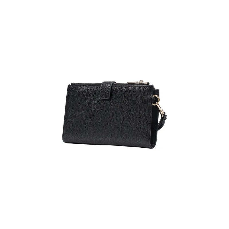 Guess Portefeuille femme Amorette, bracelet en polyuréthane noir avec fermeture éclair argentée et anneau métallique, design en cuir texturé