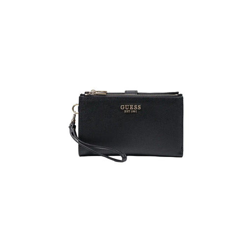cuir noir texturé Guess Pochette Amorette pour femme, logo doré et fermeture éclair, 20 cm, en polyuréthane