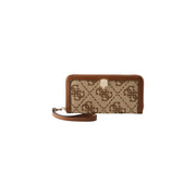 Beige et marron Guess Portefeuille Audrey pour femme, zippé en toile à motif monogrammé, finitions en cuir beige et dragonne.