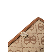 Guess Portefeuille Audrey pour femme, pochette zippée en toile beige avec monogramme marron et finitions en cuir fauve, fermoir doré.