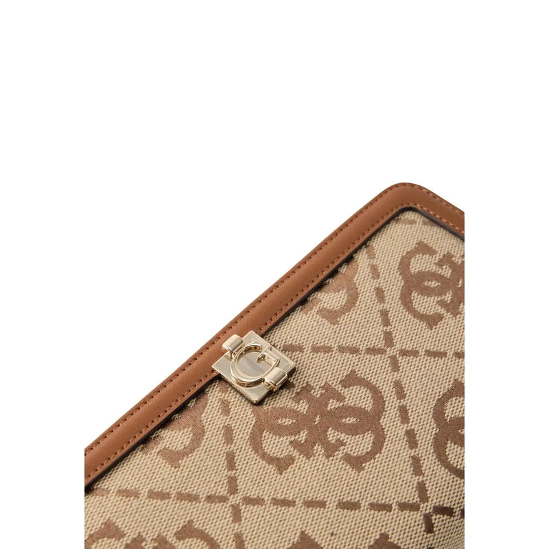 Guess Portefeuille Audrey pour femme, pochette zippée en toile beige avec monogramme marron et finitions en cuir fauve, fermoir doré.
