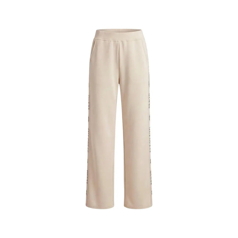 Guess Pantalon de survêtement beige à lacets pour femme, en mélange de modal, coupe large et détails discrets de texte vertical sur les coutures.