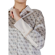 Guess women beige long sleeve alexandra classic shirt with white fabric and black interlocking logo pattern and cream cuffs