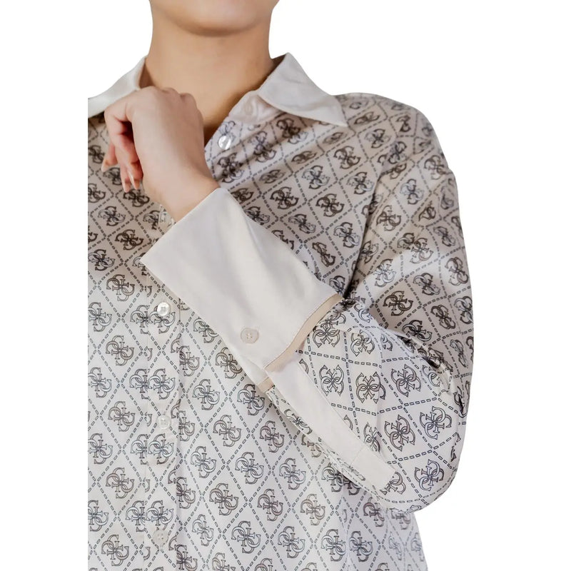 Guess women beige long sleeve alexandra classic shirt with white fabric and black interlocking logo pattern and cream cuffs