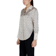 Guess women beige long sleeve alexandra classic shirt with light sheer fabric and dark gray geometric pattern