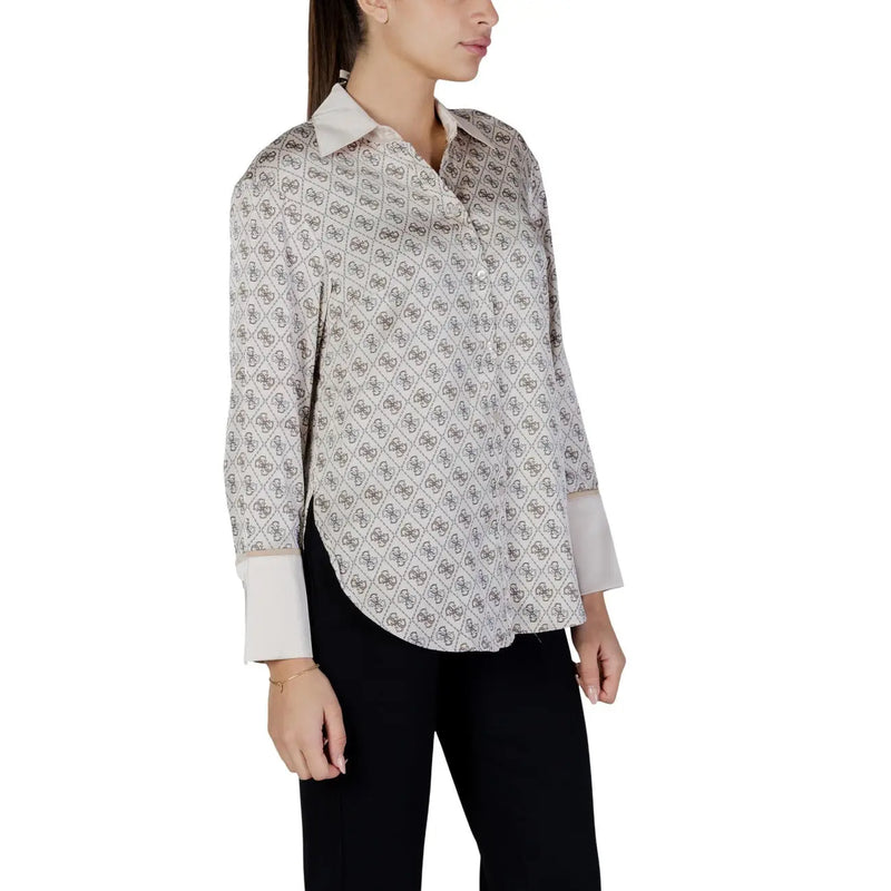 Guess women beige long sleeve Alexandra classic shirt in light sheer fabric with all-over geometric pattern