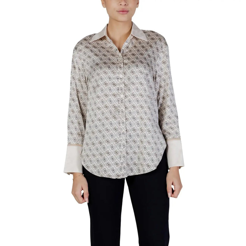 Guess women beige long sleeve alexandra classic shirt in silk-like fabric with dark brown g logo pattern and white cuffs