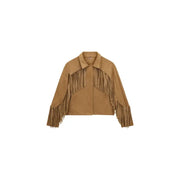 Guess Blazer beige en daim à franges pour femme, orné de pompons fluides et de poches avant.