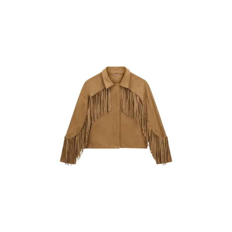 Guess Blazer beige en daim à franges pour femme, orné de pompons fluides et de poches avant.
