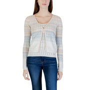 Guess women beige long sleeve button v neck cardigan in soft cream and light blue knit with subtle wavy pattern