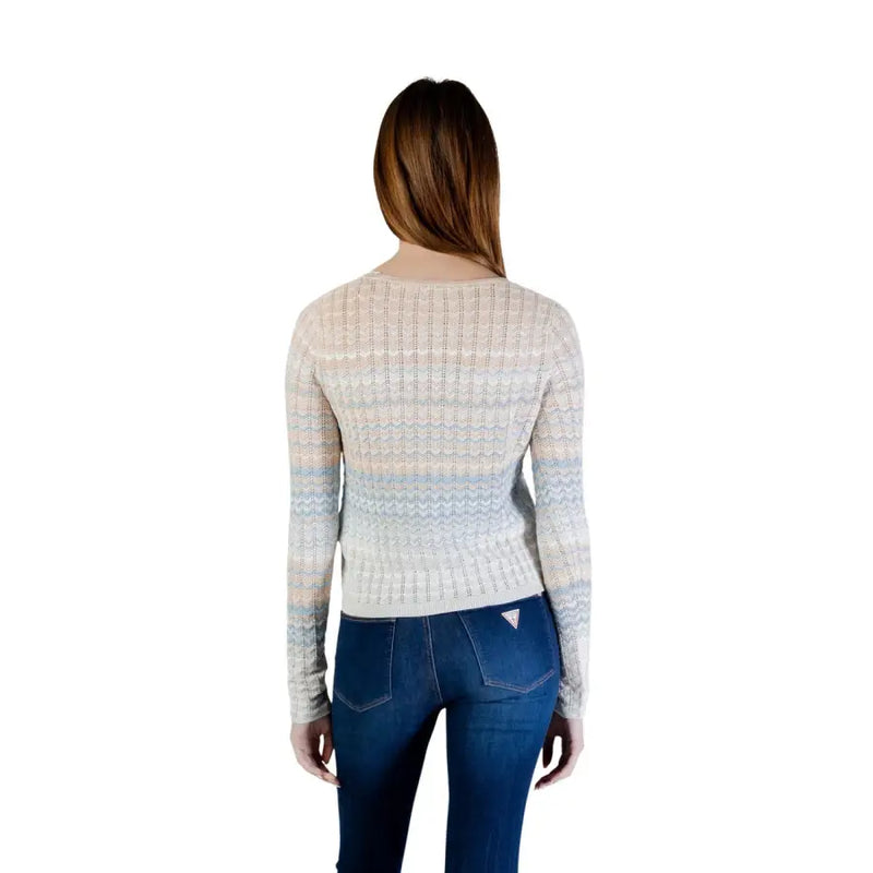 Guess women beige long sleeve button v neck cardigan with ribbed knit and horizontal soft beige blue pink stripes