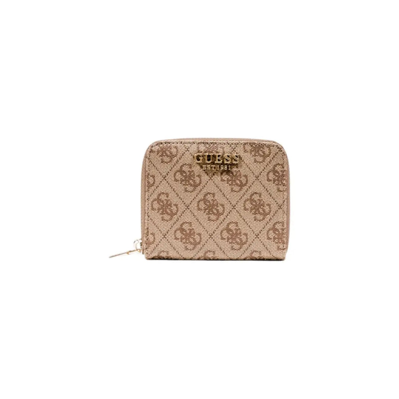 Beige Guess women zip wallet with repeating monogram pattern and gold-tone zipper from fall winter collection