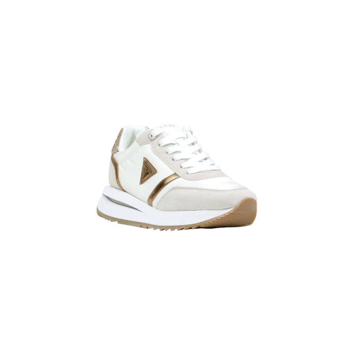Guess Baskets beiges pour femme en polyester et polyuréthane avec empiècements blancs et dorés et semelle épaisse, design moderne