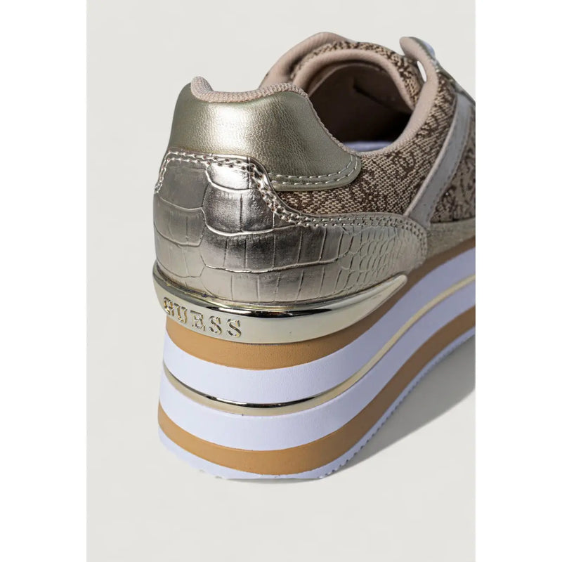 Guess women beige sneakers in gold-toned croc-embossed leather with patterned upper and layered platform sole