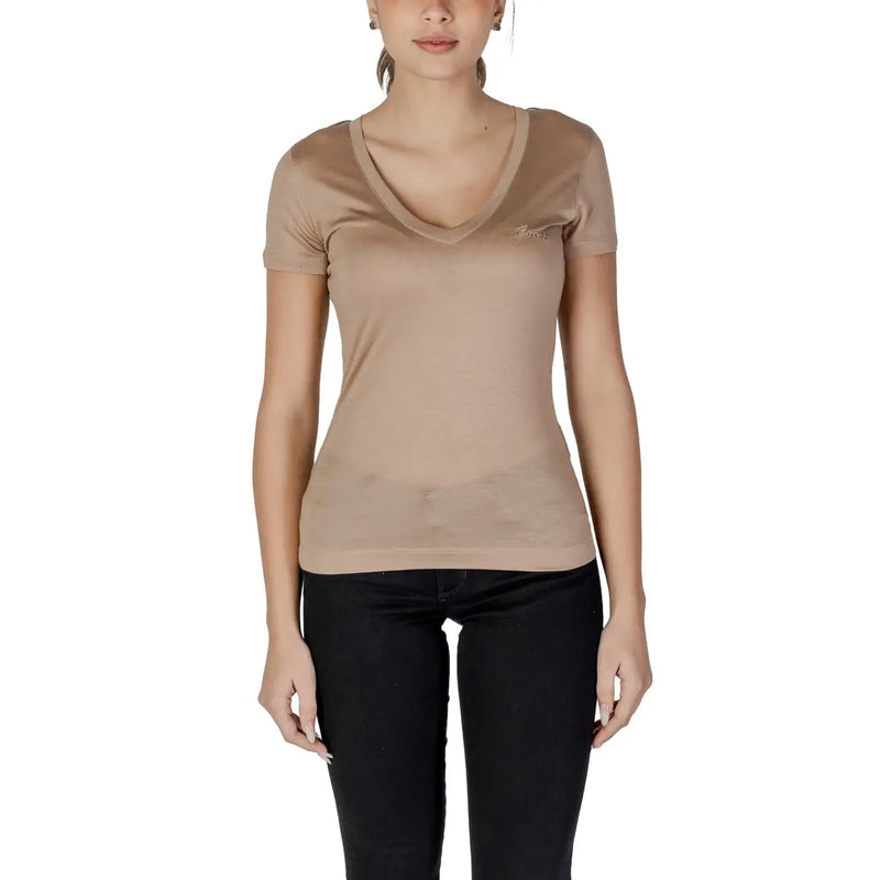 Guess women beige v neck lyocell t shirt short sleeve with subtle embroidered logo on the left chest front side