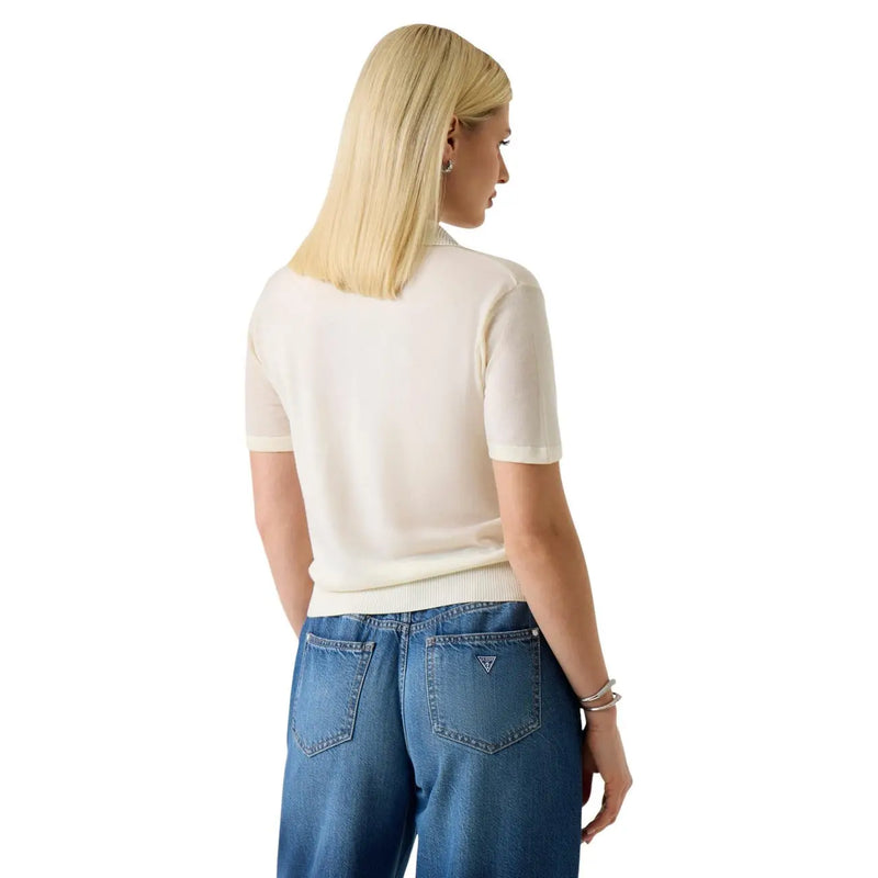 Guess women beige v neck wool polo t shirt short sleeve cream-colored knit top with ribbed neckline and hem