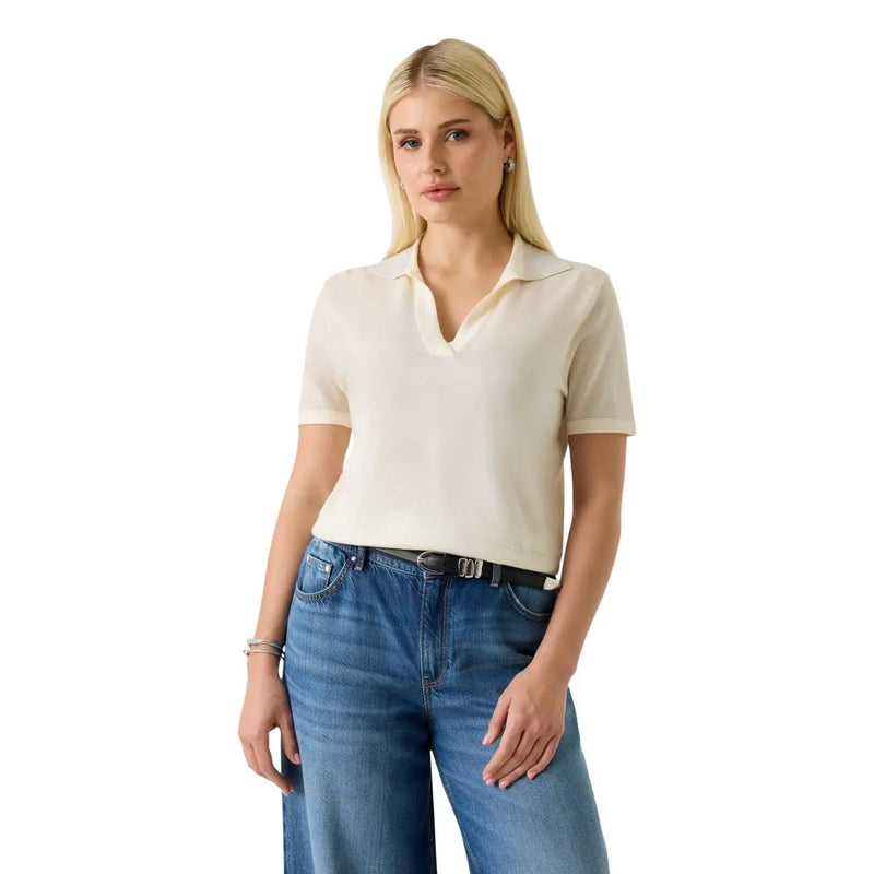 Cream-colored short-sleeved wool polo shirt with classic collar and subtle texture by Guess women beige v neck