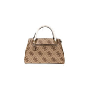 Brown and white Guess satchel bag with quilted monogram pattern and shoulder strap