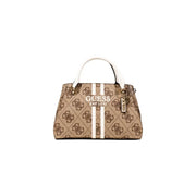 Brown and white Guess handbag with logo pattern, featuring beige color, pockets, and shoulder strap