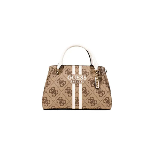 Brown and white Guess handbag with logo pattern, featuring beige color, pockets, and shoulder strap