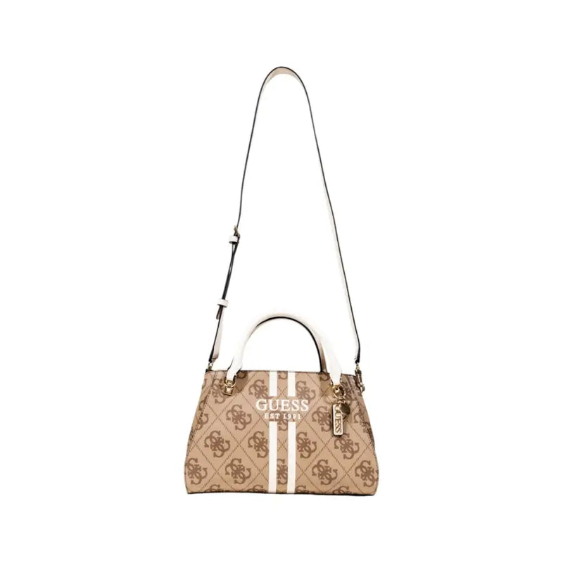 Brown and white patterned Guess handbag with shoulder strap and zip pockets for women