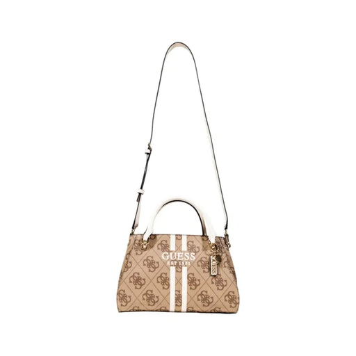 Brown and white patterned Guess handbag with shoulder strap and zip pockets for women