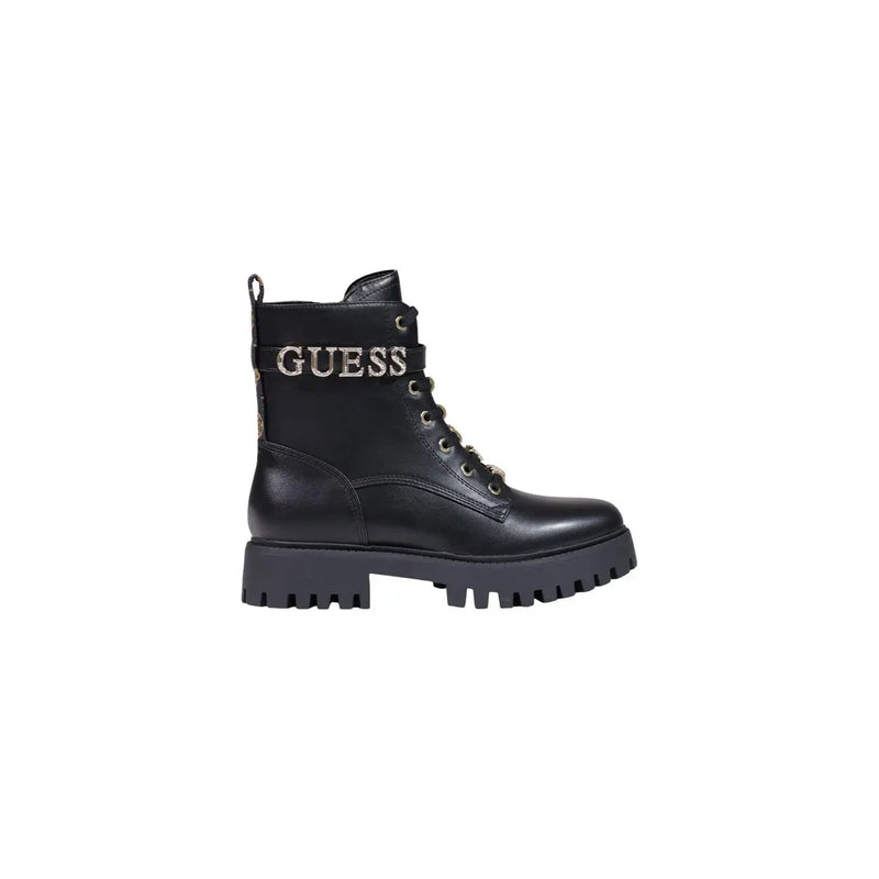 Guess women black leather ankle boots with silver logo detailing, chunky lug sole, and zip laces in polyurethane