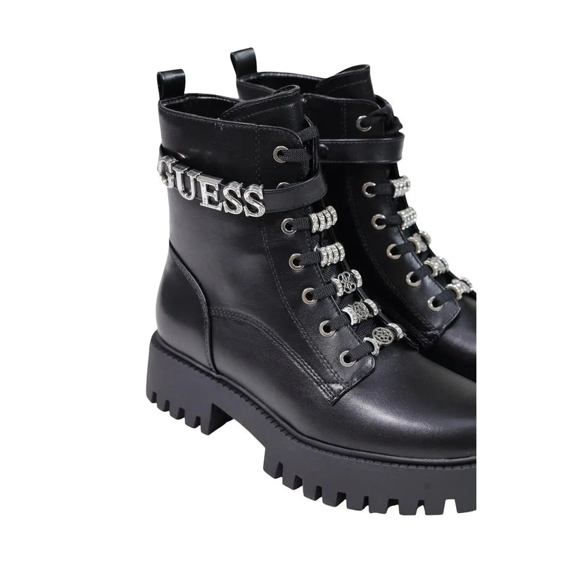 Guess women black leather combat ankle boots with silver metallic lettering and rhinestone-embellished zip laces