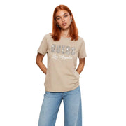 Beige Guess women cotton t-shirt with sparkling silver sequin Guess Los Angeles graphic on front short sleeves classic fit