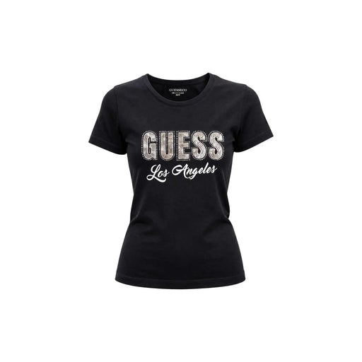 Guess women black cotton classic short sleeve t-shirt with sparkling silver guess lettering and white los angeles script