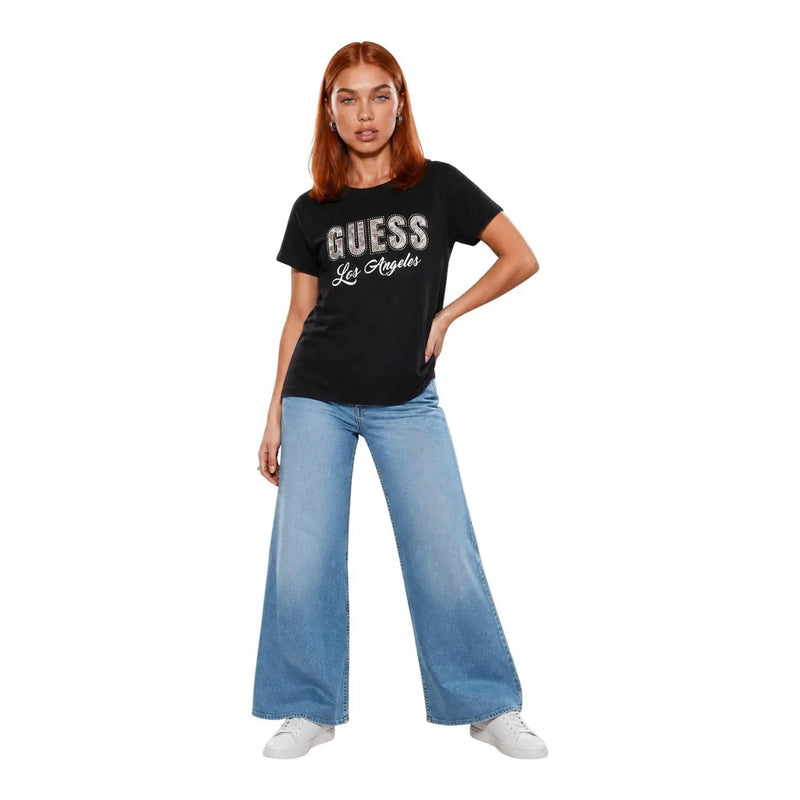 Guess women black cotton classic short sleeve t shirt featuring silver glitter lettering in a graphic design