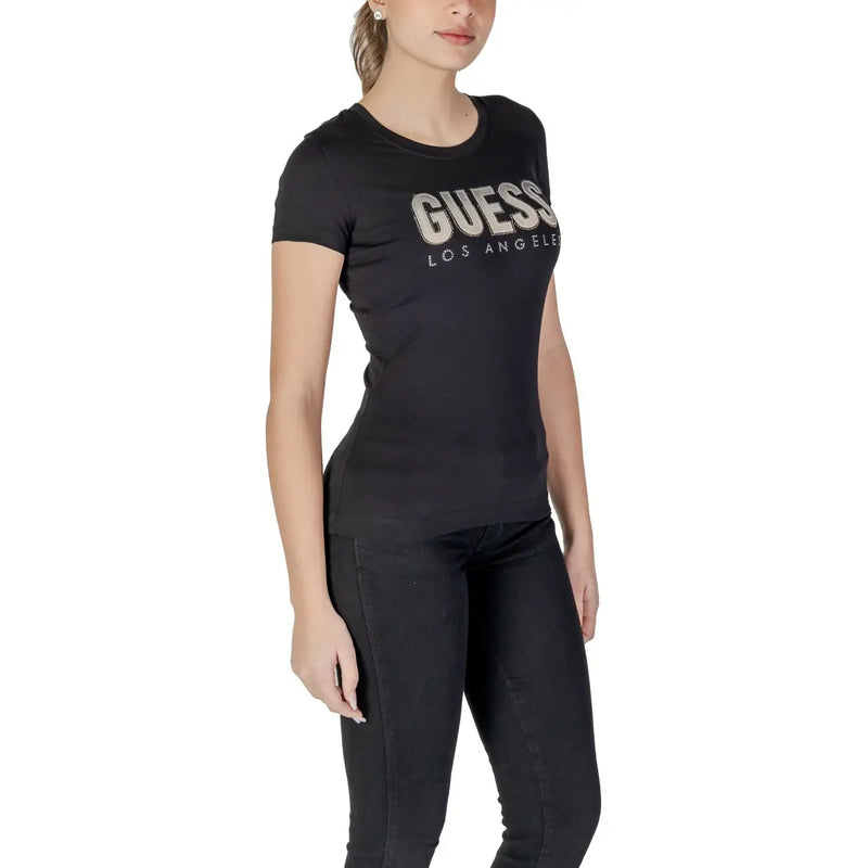 Black Guess Los Angeles cotton t shirt for women with silver glitter rhinestone lettering and round neck design