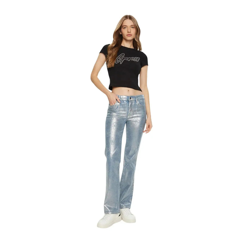 Light blue metallic flare jeans with subtle repeating pattern paired with guess women black cotton rib logo t shirt