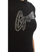 Guess women black cotton rib knit t shirt with sparkling silver rhinestone embellished logo on front