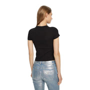 Black cotton rib fitted short-sleeved t shirt with round neck and Guess logo for women