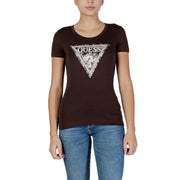 Brown Guess women t-shirt made of cotton with a silver sequin and embroidered triangular logo on the front