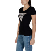 Guess women black cotton round neck short sleeve t shirt with sparkling silver triangular logo embroidered on front