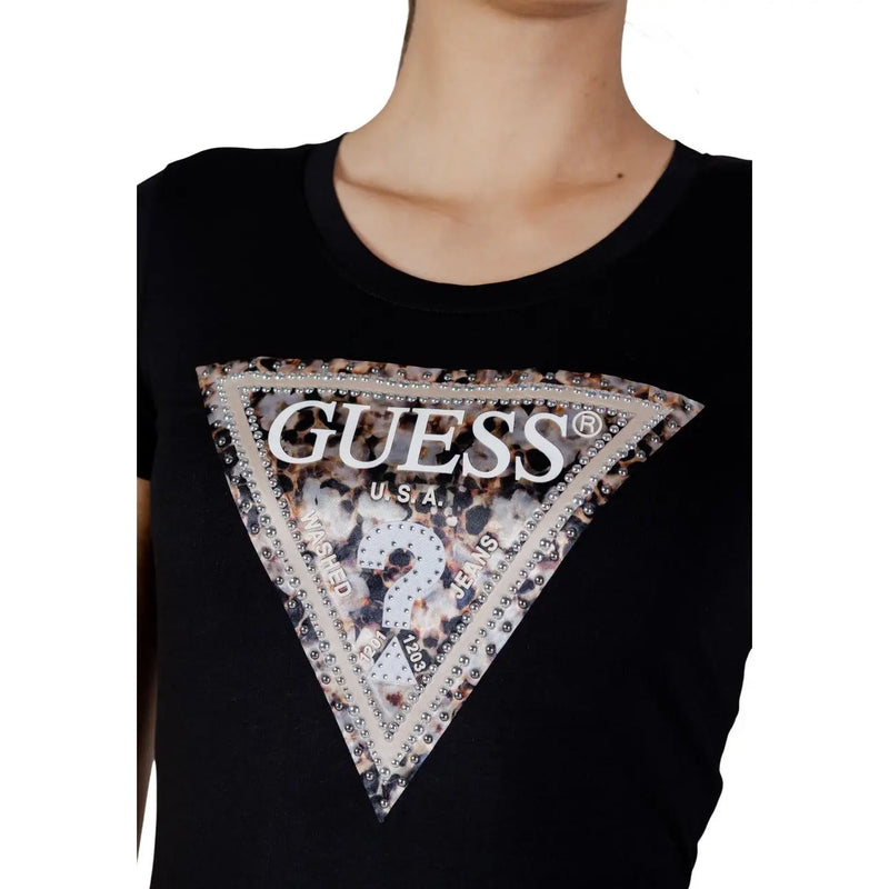 Guess women black cotton round neck short sleeve t shirt with triangular leopard print logo and silver studs