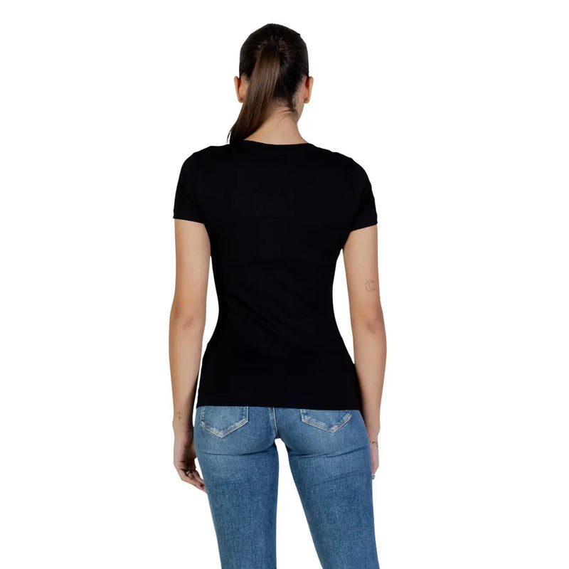 Guess women black cotton round neck fitted short sleeve t shirt ideal for casual and everyday wear