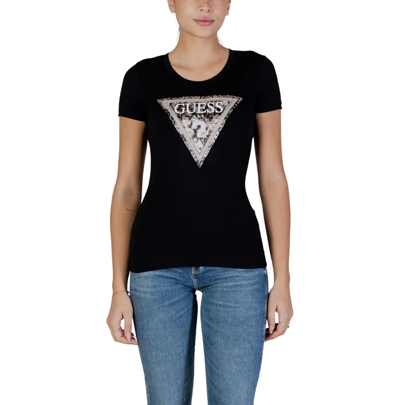 Guess women black cotton round neck short sleeve t shirt with a sparkling triangular logo and brand name graphic design