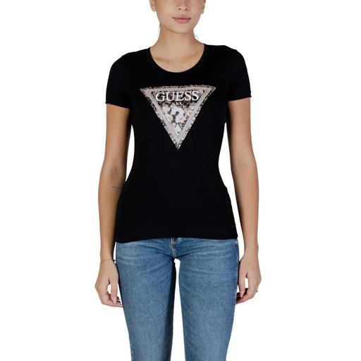 Guess T-shirt noir en coton pour femme, col rond, manches courtes, orné d'un logo triangulaire scintillant et du nom de la marque.