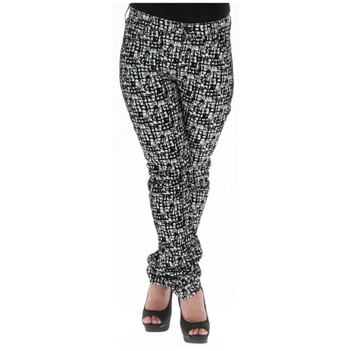 Guess Pantalon noir en coton pour femme avec poches, orné d'un motif abstrait texturé noir et blanc.