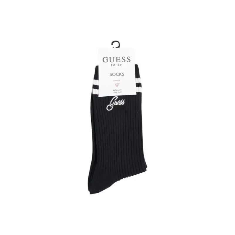 Guess black ribbed knit socks with white stripes and silver logo