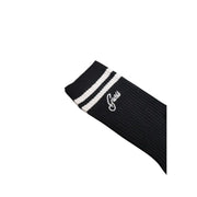 Guess black ribbed knit sock with white striped cuff and logo