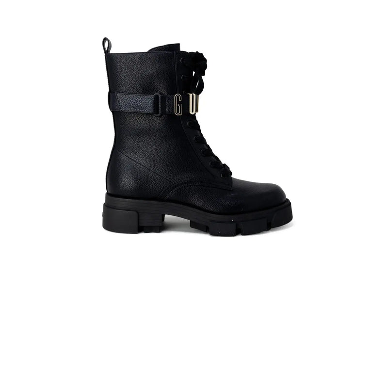 Guess Bottines noires pour femme en similicuir avec semelle épaisse et boucle dorée, pointure 4,5