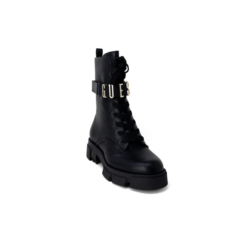similicuir noir Guess Bottine de combat pour femme, pointure 4,5, avec semelle épaisse et bride métallique à logo.
