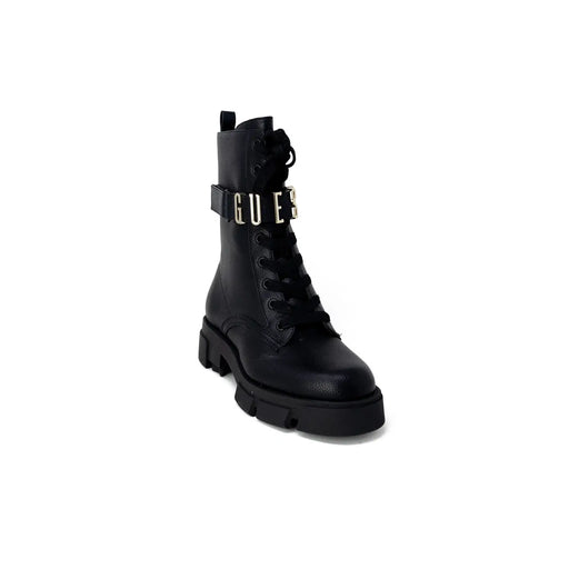 similicuir noir Guess Bottine de combat pour femme, pointure 4,5, avec semelle épaisse et bride métallique à logo.