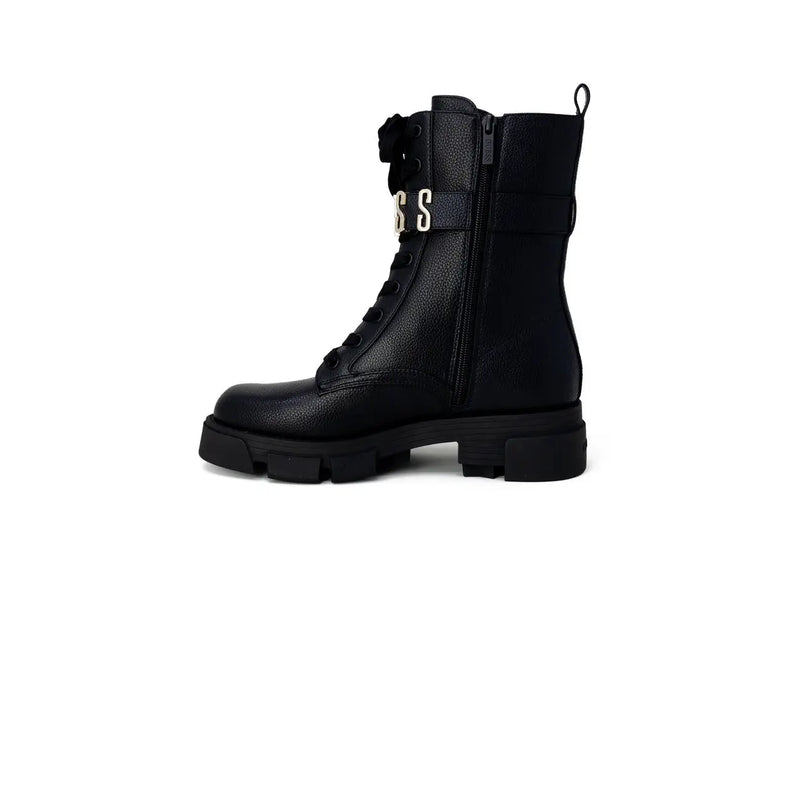 Guess Bottines noires pour femme en similicuir avec semelle épaisse et boucle logo SS dorée, pointure 4,5