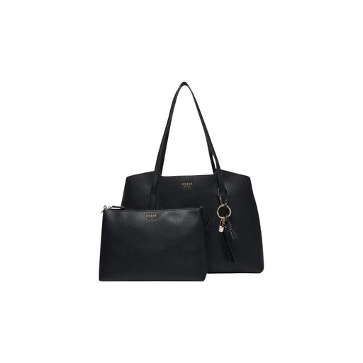 Guess Sac cabas Melody noir texturé en similicuir pour femme, avec pochette assortie et pompon porte-clés, 29 cm.