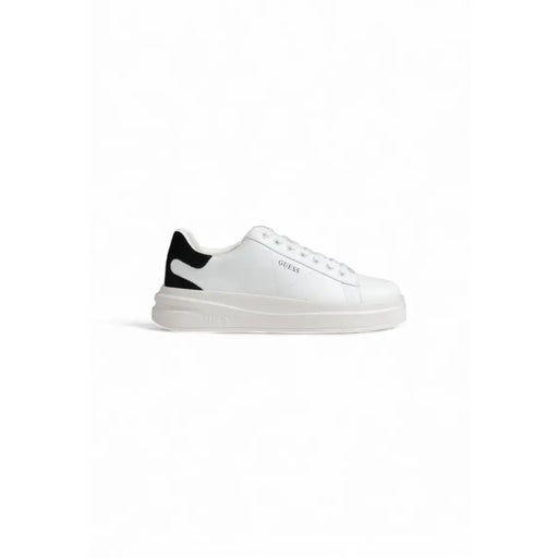 White guess women sporty sneaker with black heel tab and matching laces in faux leather material